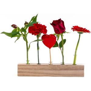 stijlvol cadeau houten standaard, glazen buisjes en rode bloemen met hart bezorgd via brievenbus