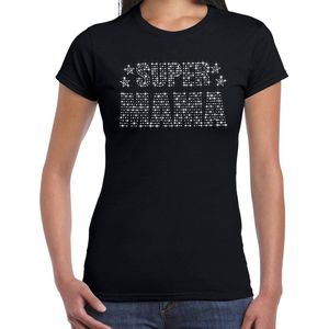Glitter Super Mama t-shirt zwart met steentjes/ rhinestones voor dames - Moederdag cadeaus - Glitter kleding/ foute party outfit L