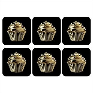 Onderzetters voor glazen - Cupcake - Eten - Goud - Zwart - 10x10 cm - Glasonderzetters - 6 stuks