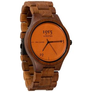 1915 Watch Real Leather Cognac - Ø 46 mm - Heren Horloge - Teakhout - Polshorloge - Houten Horloge - 1915 watches - Duurzaam Cadeau - Inclusief Geschenkdoos - Leren Wijzerplaat - Herenhorloge - Horloge Geschenkset - Bruin