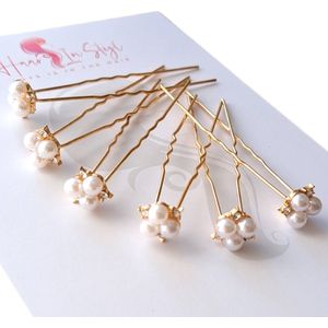 Haar in Stijl® Lulu Serie - set van 6 parel 3-bloem haarpinnen goud - haaraccessoires voor feest bruiloft verloving bruidsmode