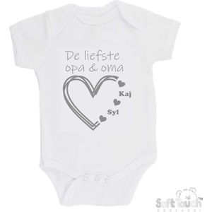 100% katoenen Romper ""De liefste opa & oma met de namen van 2 kleinkinderen"" Unisex Katoen Wit/grijs Maat 56/62