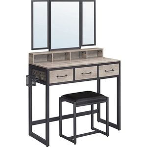 Kaptafel Dressing Table Met 3-Delige Klapspiegel, Haardroger Houder, Make Up Tafel Met Gestoffeerde Kruk, 3 Lades, Greige-Zwart