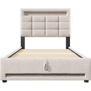 Gotagee Gestoffeerd bed, 90x200cm, APP-afstandsbediening, met LED-verlichting, hydraulische ondersteuning, zonder matras, met USB-aansluiting, linnen, beige