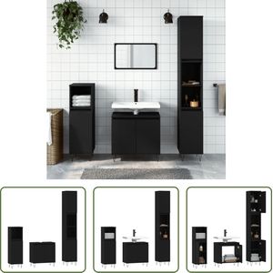 The Living Store Badkaastenset - Trendy - Kasten - 58x33x60cm / 30x30x100cm / 30x30x190cm - Metaal en bewerkt hout - Zwart