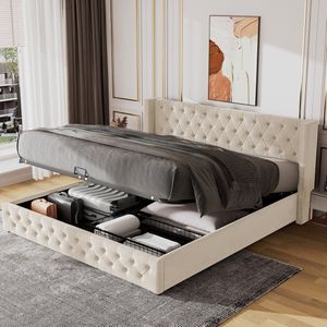 Sweiko Zacht Kussen Kussen Gevormd bed, Dubbele Rij Flanel Klinknagels, Genaaide knoopsgaten, tweepersoonsbed 140x190cm, met hydraulische functie, zwarte waterdichte non-woven stof bedbodem, Beige