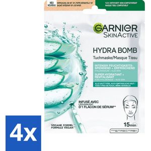 Garnier - SkinActive - Hydrabomb Tissue Masker - Hyaluronzuur & Aloe Vera - Super Hydraterend - 1 Gezichtsmasker - Voordeelverpakking - 4 stuks