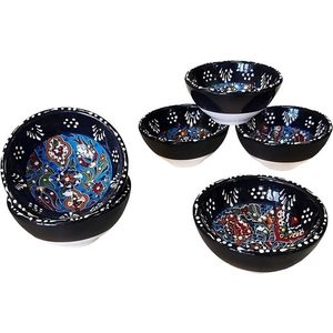 Kleine keramische schalen set van 6 - serveerschalen set voor tapas, dip, dessert, snackschaal - kleurrijke en individueel gedessineerde handgemaakte schalen - 8 x 4 cm. (Iznik Set zwart)