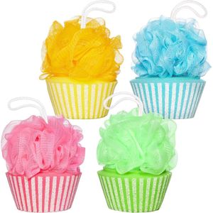 BRUBAKER Set van 4 Badsponzen Douche Spons - Cupcake Peeling Spons - 40 g Badballen - Kleurrijke Badaccessoires - Lichaamsreinigingsspons voor Kinderen en Volwassenen incl. Geschenkverpakking