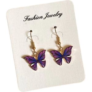 Oorbellen dames vlinder - Paars - Oorbellen meisje - Oorbellen met vlinder hanger - Vriendschap - Vriendschapsoorbellen - Vlinder oorbellen zilver kleurig staal - Vlinder sieraden - Paars