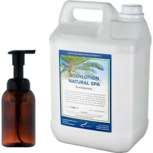 Zeepdispenser 300 ml amber bruin hervulbaar + 5 liter Bodylotion Natural Spa navulling