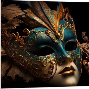 PVC Schuimplaat- Venetiaanse carnavals Masker met Blauwe en Gouden Details tegen Zwarte Achtergrond - 80x80 cm Foto op PVC Schuimplaat