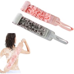 2 stuks - Rugscrub Badhanddoeken - Badspray - Scrub - Exfoliërende Rugscrub - Voor Douche - Grijs en Roze - 80 x 9,5 cm - Met Handvat - Geschikt voor Mannen en Vrouwen