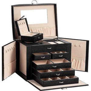 Sieradendoos, groot, afsluitbaar, 5 niveaus met 5 laden, met spiegel, voor ringen, oorbellen, kettingen en armbanden, elegant en klassiek (zwart)