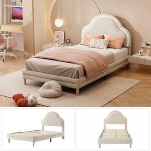 Merax Velvet Gestoffeerd Bed - Eenpersoonsbed met LED Verlichting - Kinderbed - Wit