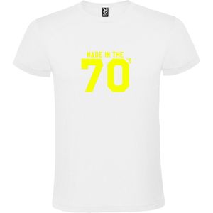 Wit T shirt met print van "" Made in the 70's / gemaakt in de jaren 70 "" print Neon Geel size XL
