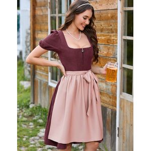 Dirndl dames traditionele midi dirndl jurk van suède voor Oktoberfest met schort Wijnrood 34