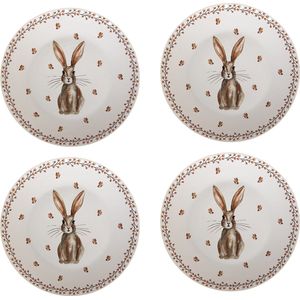 HAES DECO - Dinerborden set van 4 - Formaat Ø 26x2 cm - Kleur Beige - Bedrukt Porselein - Collectie: Rustic Easter Bunny - Servies, grote borden