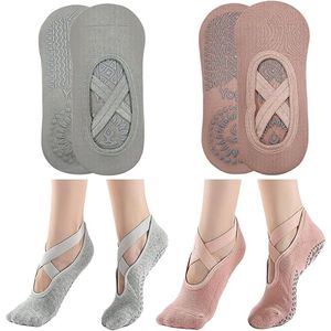 2-pack antislip yogasokken, antislip trainingssokken voor dames en meisjes, one size fits all, vloersokken, met antislip bandjes en koordjes, geschikt voor yoga en vloertraining.Grijs + Roze