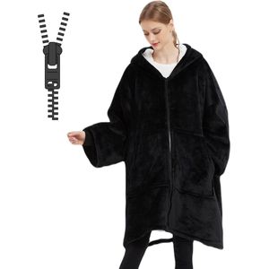 Q-Living Hoodie Deken - Oversized Hoodie - Snuggle Hoodie - Fleece Deken Met Mouwen - 1450 gram - Zwart Met Rits