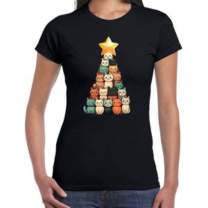 Bellatio Decorations Kerst T-shirt voor dames - kerstboom van katjes - zwart - kerstkatjes - Kerstmis XS