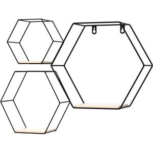 Zeshoekige wandrekken van metaal - Set van 3 - Zwart - Hangwand - Woonkamer. Wandrek