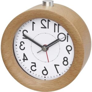 Wekker van hout - Analoge wekker met stil uurwerk van beukenhout - Alarm met sluimerfunctie - Bruin - 100 x 44 x 105 mm