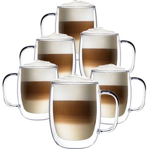 Luxe Latte Macchiato Glazen Met Oor - Dubbelwandige Koffieglazen - Cappuccino Glazen - 400 ML - 6x