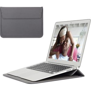2-in-1 Laptopsleeve 13 tot 13,6 inch - Grijs - Vegan Leer - Laptophoes Dames / Heren - Laptop Tas Sleeve met Standaard
