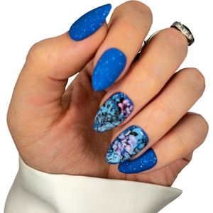 SD Press on Nails - B-283 - Plaknagels - Nagelset 20 Nagels - Blauw Glitter Matte - Medium Almond - Nepnagels met Tools & Lijm - Handmade