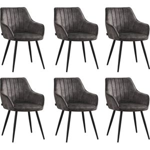 Colenis® - Ozzy Eetkamerstoel - Set Van 6 - Antraciet - Adoré Velvet - Industrieel - Met armleuning