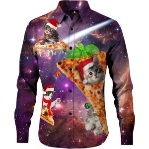Kerst Overhemd Met Katten En Pizza's - Maat S - Fout Kerstmis Overhemd - Heren Overhemd - Dames Overhemd - Foute kersttruien - Kerst outfit - Kerstkleding -
