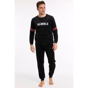 Pyjama in Fluweel/fleece - Heren - ronde kraag - maat L - blauw/zwart/beige - Super zacht - HQ - humble print - broek andere kleur - Lekker warm - cossy