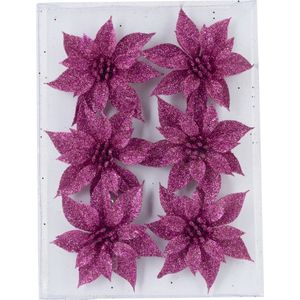 6x stuks decoratie bloemen rozen fuchsia roze glitter op ijzerdraad 8 cm - Decoratiebloemen/kerstboomversiering/kerstversiering