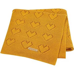 IL BAMBINI okergele babydeken met opengewerkte hartjes - 100% katoen extra zacht 100x80cm - Pluisvrije deken - babydekentjes voor wieg of ledikant - kraamcadeau