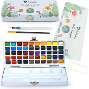 Mikkelhus Professionele Aquarelverf Set | Verfset met 50 diverse kleuren aquarelverf, papier, waterpenseel, kwast en spons | Voor kinderen en volwassenen