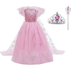 Elsa jurk - roze prinsessenjurk meisje - carnavalskleding kinderen - prinsessen verkleedkleding - 140/146(150) - kroontje - tiara - toverstaf - cadeau meisje