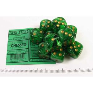 Chessex Vortex Green/gold D6 16mm Dobbelsteen Set (12 stuks)