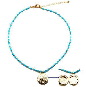 Bohemian kralen ketting met Medaillon - Blauw Goud - Dames - Lieve Jewels