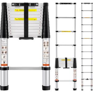 12,5 Voet Aluminium Telescopische Ladder, Intrekbaar met Één Knop, Draagvermogen van 375 Pond, Antislipvoetjes, Draagbare Opvouwbare Uitschuifladder voor Thuis, Camper, Zolder