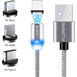 FLOVEME 1m 2A 8-pins + Micro USB + USB-C / Type-C naar USB Nylon magnetische oplaadkabel, voor iPhone, iPad, Galaxy, Sony, Huawei, Xiaomi, LG, HTC, Lenovo en andere smartphones (zilver)