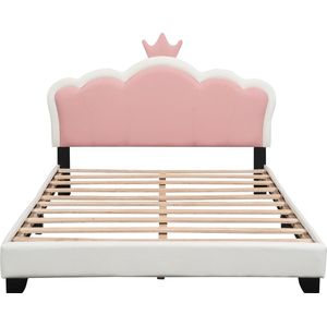 Merax Prinsessenbed 140x200 cm met Kroon op Hoofdbord - Kunstleer Gestoffeerd Tweepersoonsbed - Kinderbed - Wit met Roze