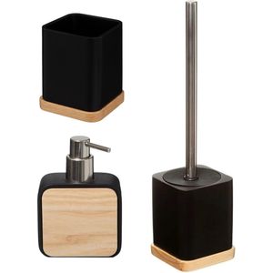 Badkamer/toilet accessoires set 3-delig - zwart - bamboe - WC-borstel/tandenborstelhouder/zeeppompje