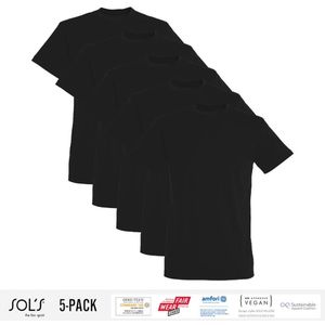 5 Pack Sol's Heren T-Shirt 100% biologisch katoen Ronde hals Zwart Maat XL
