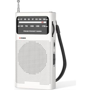 Draagbare AM/FM-zakradio - Kleine Draagbare Radio - Zakradio - Telescopische antenne - Werkt op batterijen - Wit