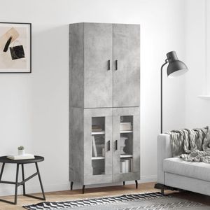 The Living Store Hoge Kast - Betongrijs - 69.5 x 34 x 180 cm - Bewerkt hout - metaal - glas - Opbergkast