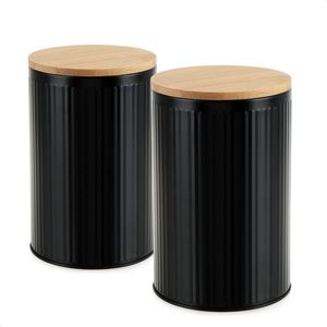2 x opbergbakken met bamboe deksels - metalen opbergdoos voor voedsel en klein keukengerei - organizer voor keuken, badkamer, kinderkamer (02 stuks - zwart. bruin - Ø 10 cm)