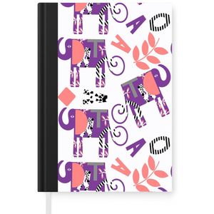 Notitieboek - Schrijfboek - Olifanten - Bladeren - Paars - Patroon - Notitieboekje klein - A5 formaat - Schrijfblok