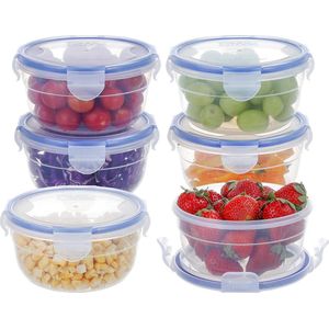 6 stuks 600 ml plastic voedselbewaarcontainers met ronde deksels, schalenset, stapelbare vriescontainers, klein, fruitschaal, dessertschalen, mueslischalen, 100% luchtdichte opbergdoos keuken