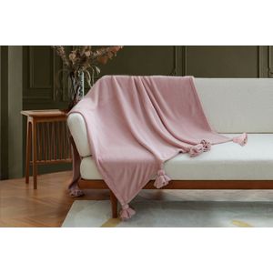 Amelie Home - Milky Powder Pluche Deken Met Kwastjes - Oud roze - 150x200 cm